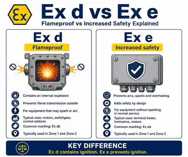 KEY DIFFERENCE  Ex d contains ignition. Ex e prevents ignition..webp